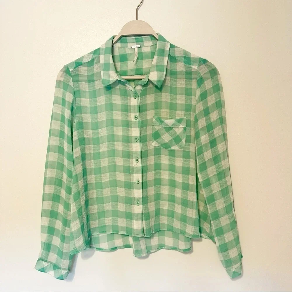 FREE PEOPLE Semi Sheer Gingham Blouse Button Up Top Green White High Low Small